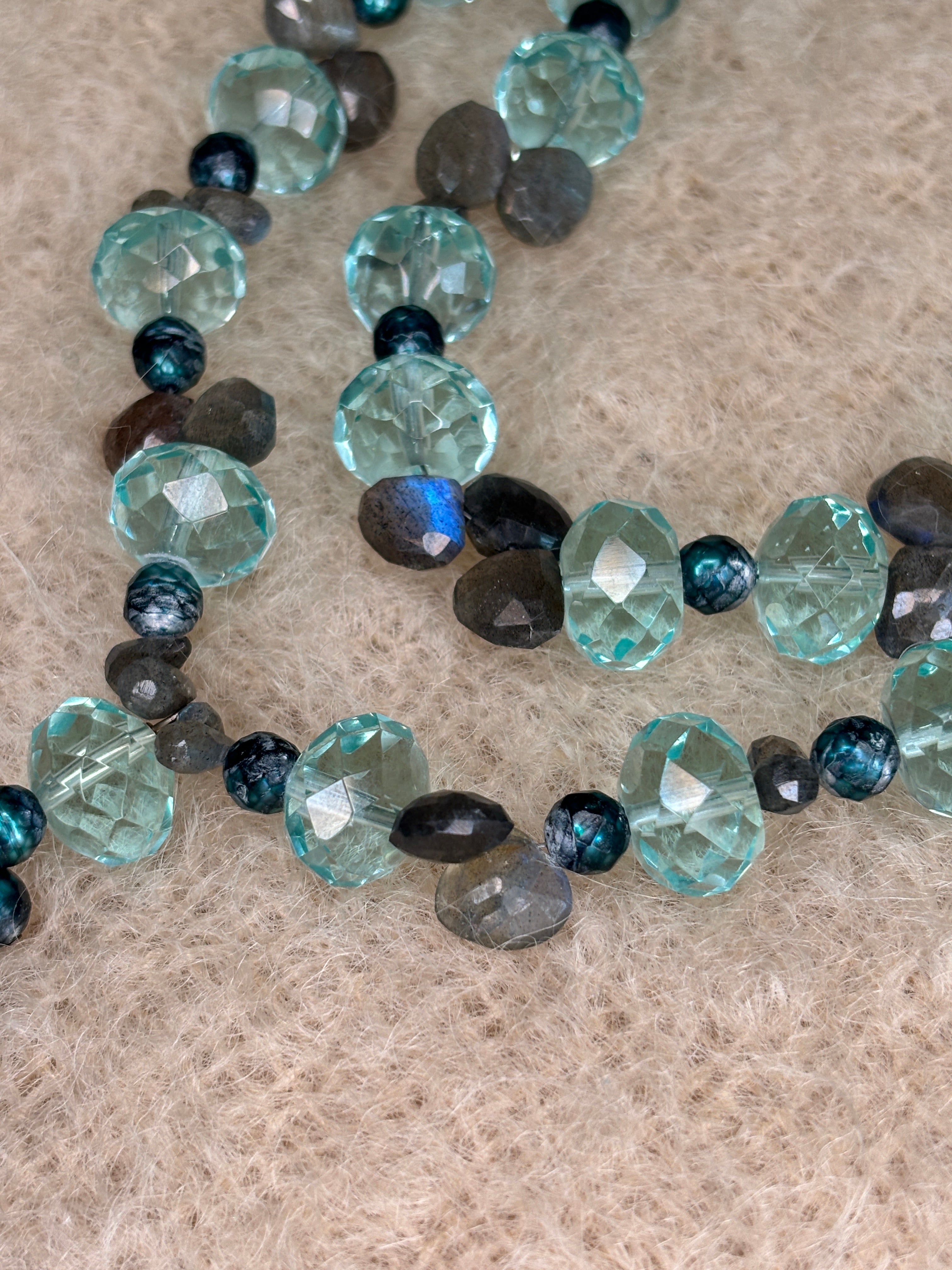 Blue Topaz Labordorite Faceted Fresh Water Pearls Necklace
