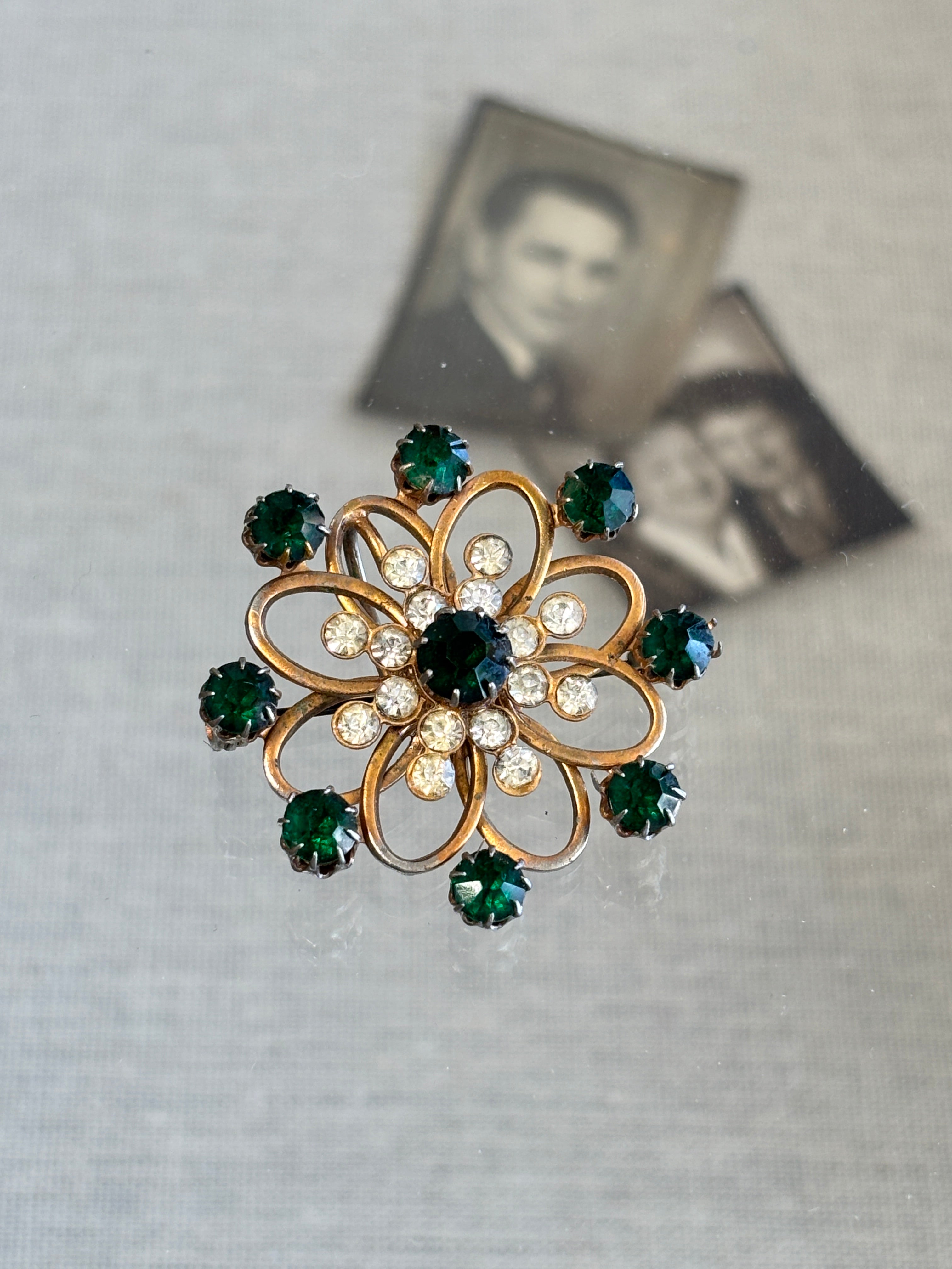 Green Rhinestone Brooch