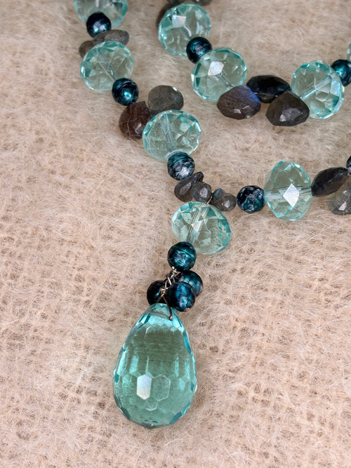 Blue Topaz Labordorite Faceted Fresh Water Pearls Necklace