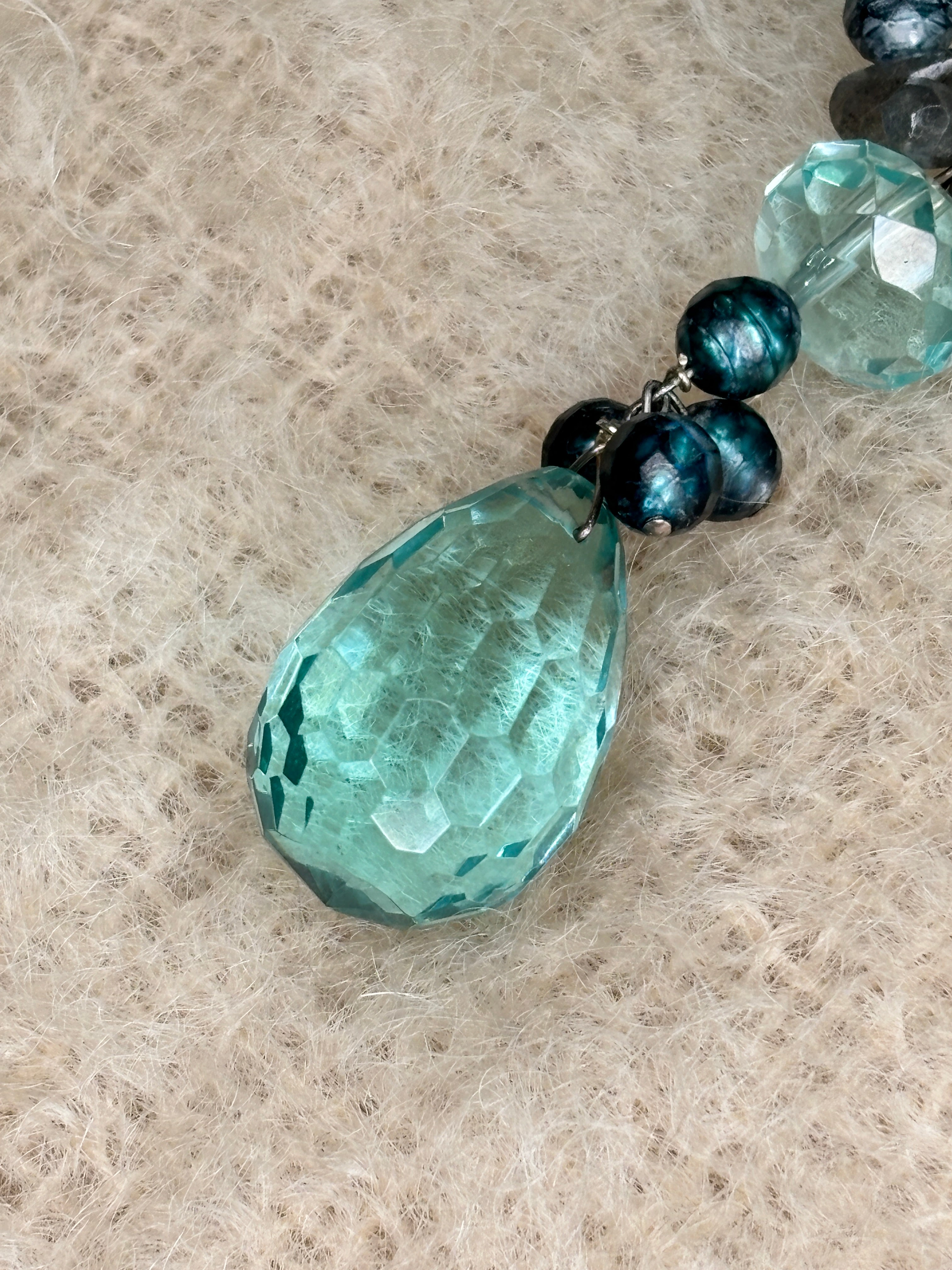Blue Topaz Labordorite Faceted Fresh Water Pearls Necklace