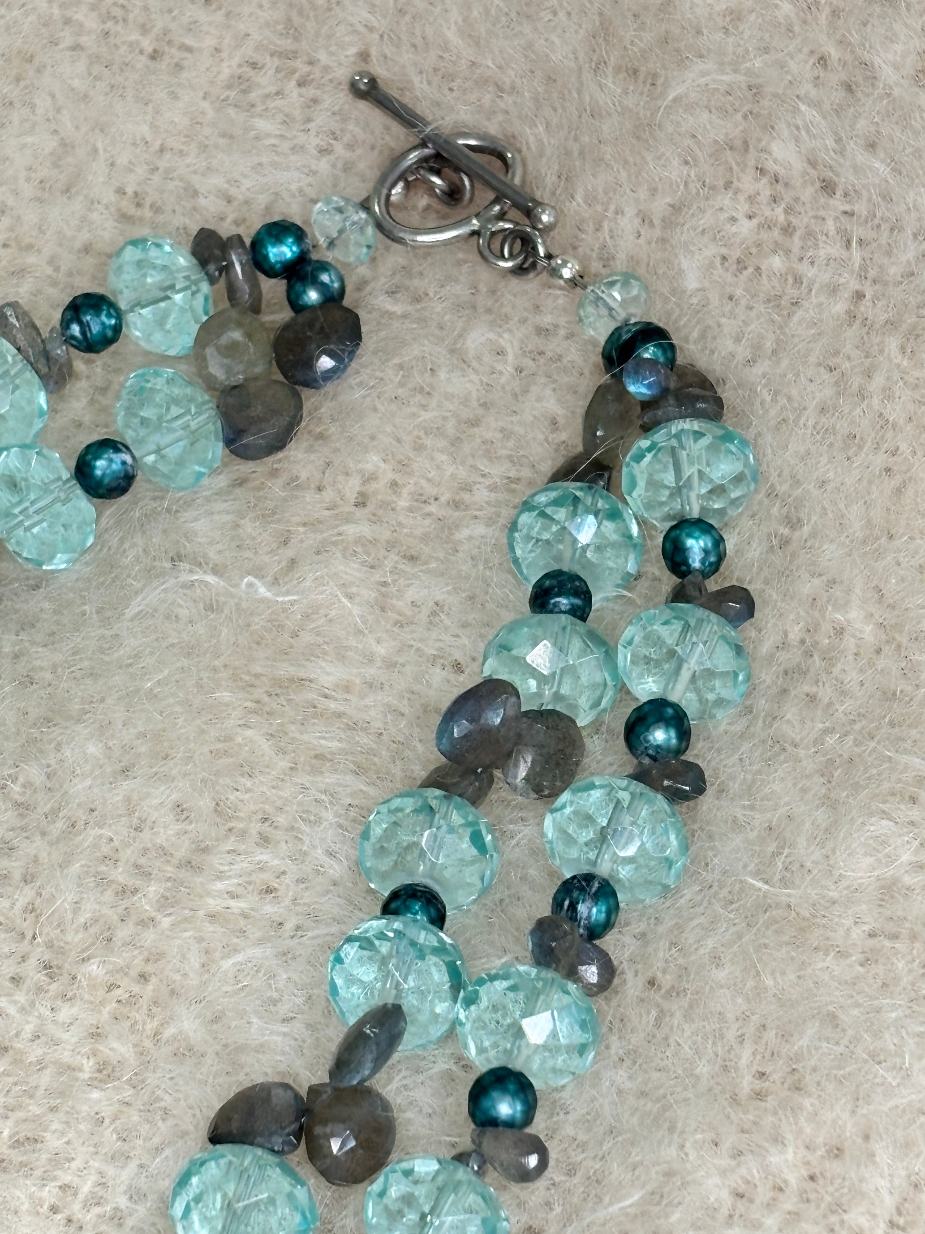 Blue Topaz Labordorite Faceted Fresh Water Pearls Necklace