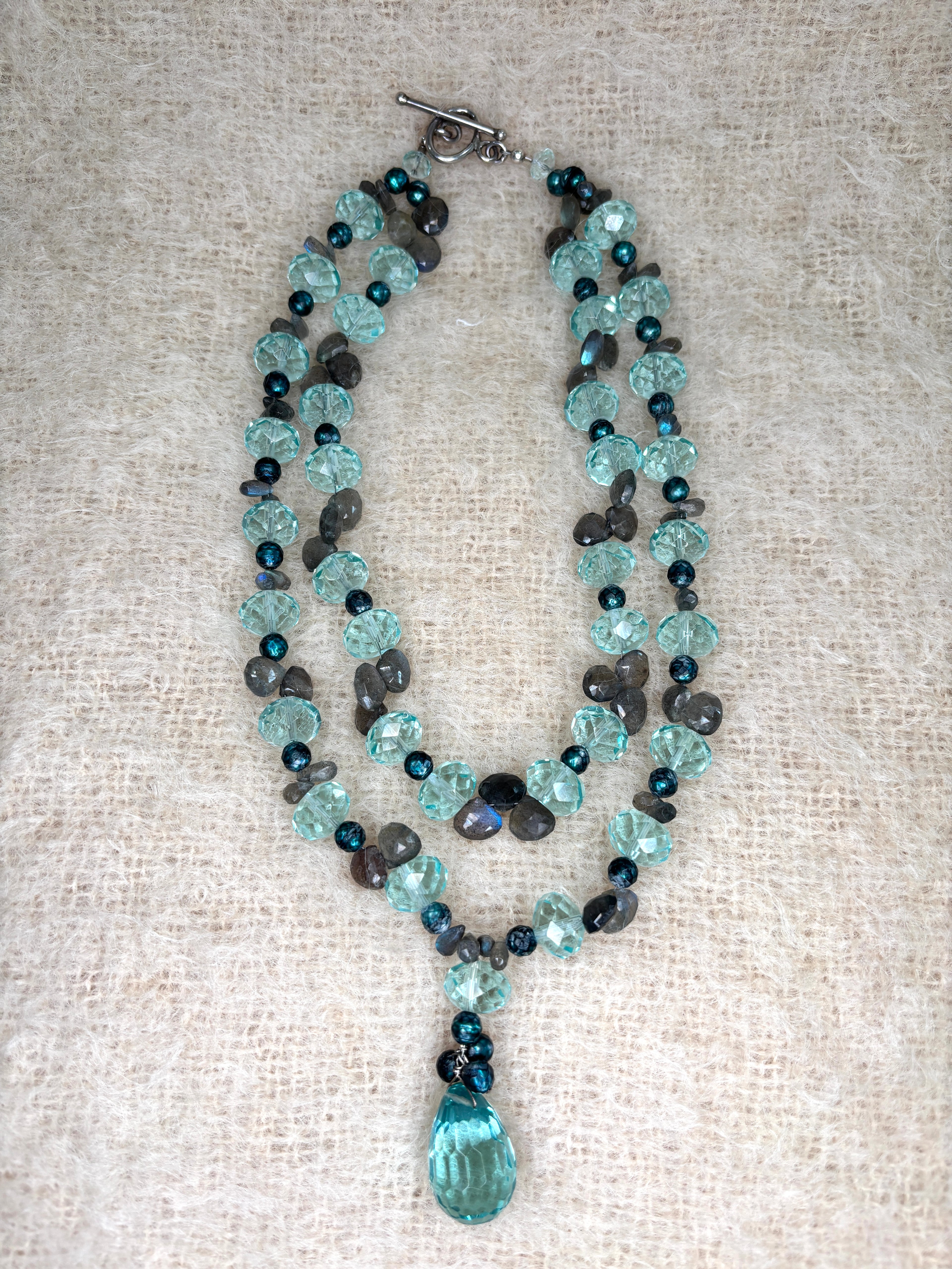 Blue Topaz Labordorite Faceted Fresh Water Pearls Necklace